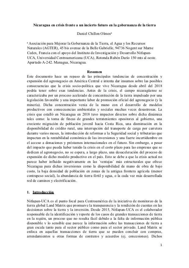 Nicaragua acaparamiento y crisis Chillon Olmos
